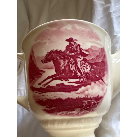 Vintage Cream Ceramic Teapot With Cowboy Horse Scene & Red Floral Handle Design - Picture 9 of 11